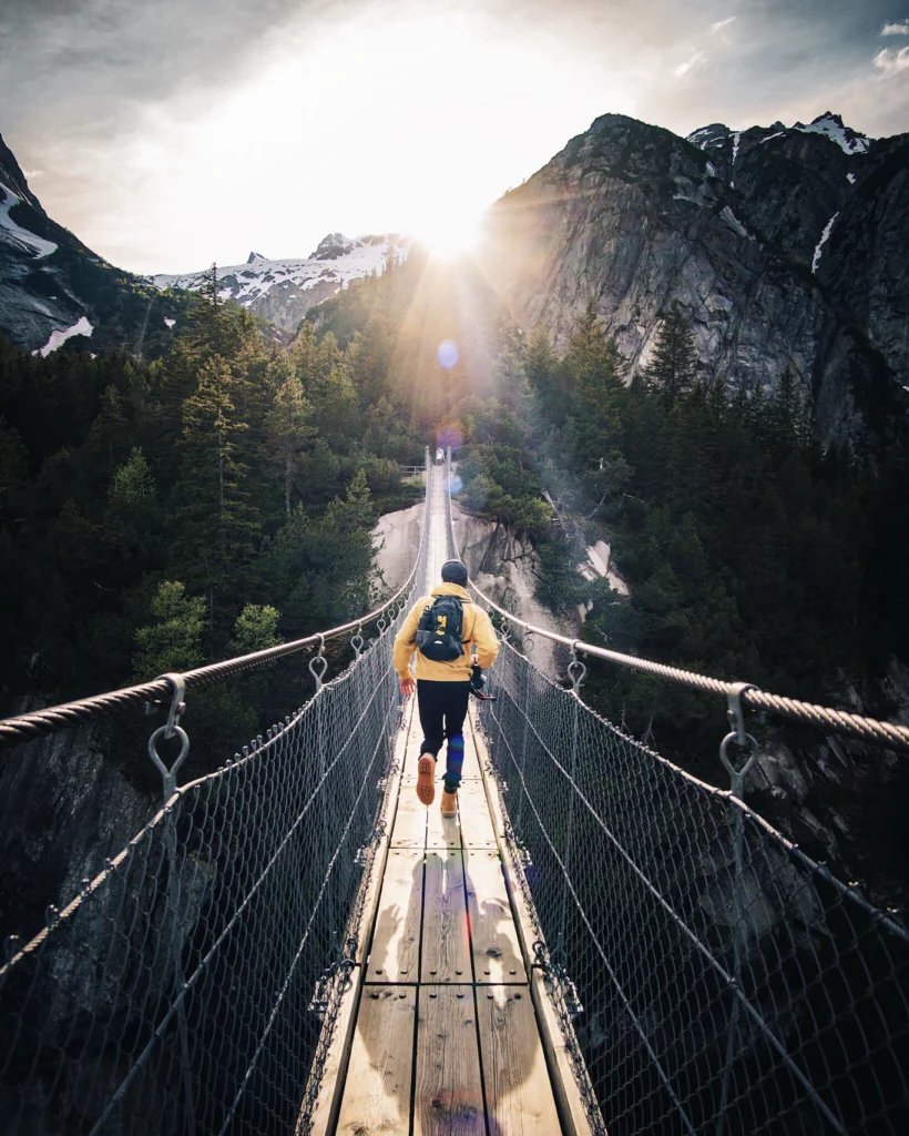 Hiking on suspension bridge