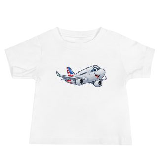 Bubbly Airbus A321 cartoon with lowered chest print on baby staple tee white
