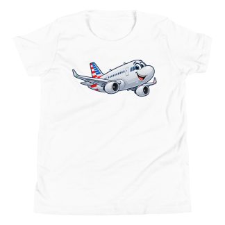 Bubbly Airbus A321 cartoon with lowered chest print on youth staple tee white