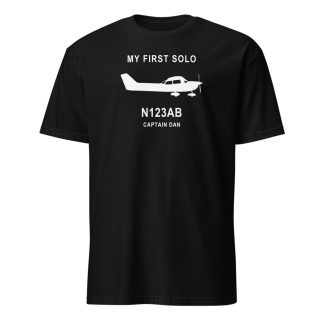Black T-shirt with model-specific Cessna 172S silhouette, My First Solo, N123AB and Captain Dan