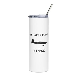 White 20 oz tumbler with tailwheel Vans RV-7 silhouette, My Happy Place and N172AC