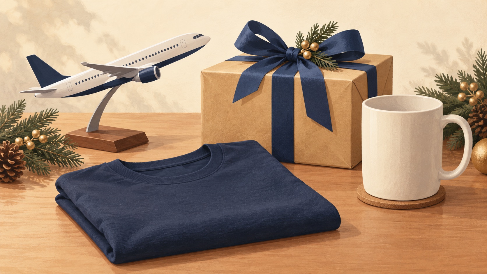 Illustration of an aircraft model, wrapped gift, folded navy shirt and plain mug.